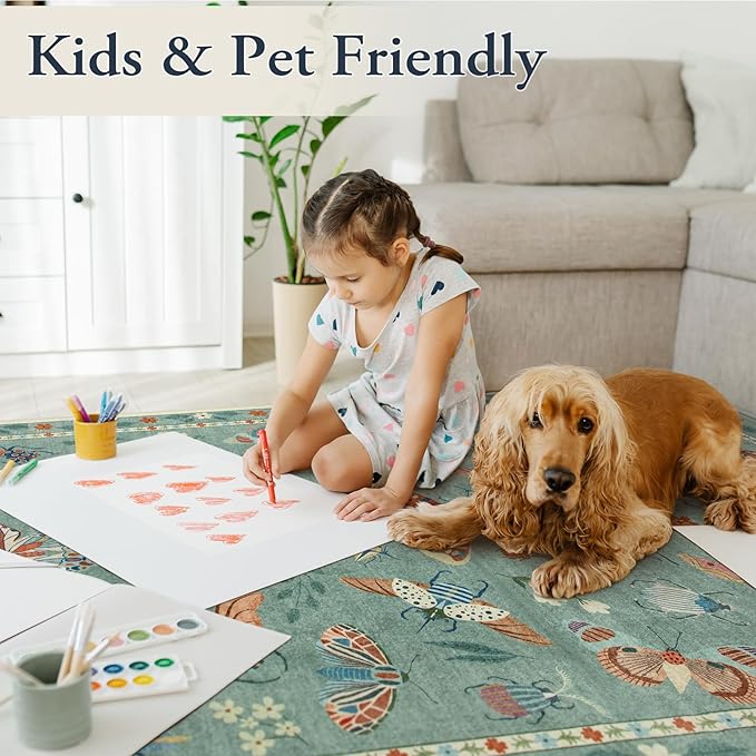 Insect Pattern Washable Runner Rug, Non-Slip Low Pile, 2' x 6', Green ...